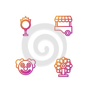 Set line Ferris wheel, Clown head, Circus fire hoop and Fast street food cart. Gradient color icons. Vector