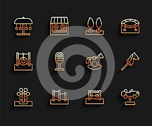 Set line Ferris wheel, Horizontal bar, Attraction carousel, Abacus, Swing, Trash can, Toy horse and Horse saddle swing