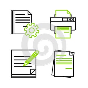 Set line File document, Blank notebook and pencil with eraser, Printer and Document settings gears icon. Vector