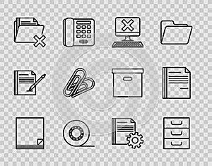 Set line File document, Drawer with documents, Computer keyboard and x mark, Scotch, Delete folder, Paper clip, Document