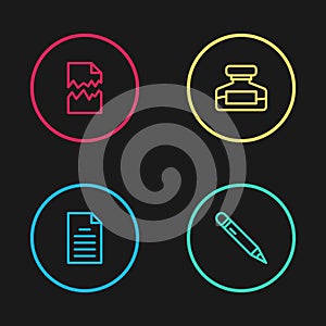 Set line File document, Pencil with eraser, Ink bottle and Torn icon. Vector