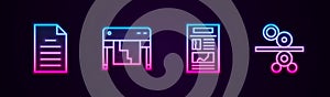 Set line File document, Plotter, News and Paper roll of printing press. Glowing neon icon. Vector