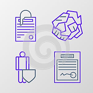 Set line Filled form, Life insurance with shield, Crumpled paper ball and File document and clip icon. Vector