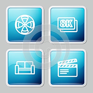 Set line Film reel, 8k Ultra HD, Cinema chair and Movie clapper icon. Vector