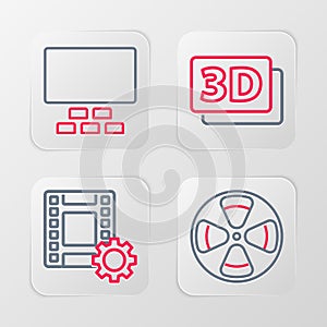 Set line Film reel, Play Video, 3D word and Cinema auditorium with seats icon. Vector