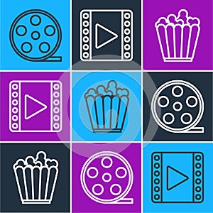 Set line Film reel, Popcorn in box and Play Video icon. Vector