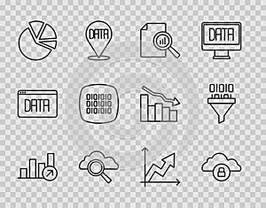 Set line Financial growth, Cloud computing lock, Document with graph chart, Search cloud, Pie infographic, Binary code