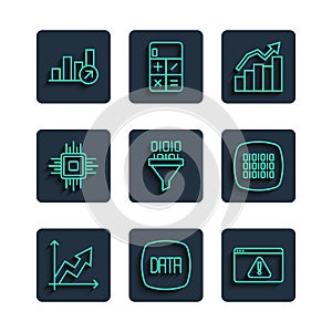 Set line Financial growth, Data analysis, Browser with exclamation mark, Binary code, Processor CPU, and icon. Vector