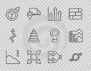 Set line Financial growth decrease, Arrow, Pie chart infographic, Many ways directional arrow, Pyramid infographics, and