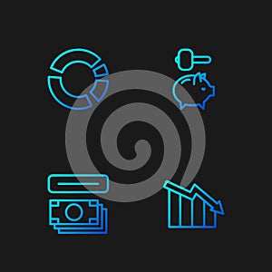 Set line Financial growth decrease, ATM and money, Pie chart infographic and Piggy bank hammer. Gradient color icons