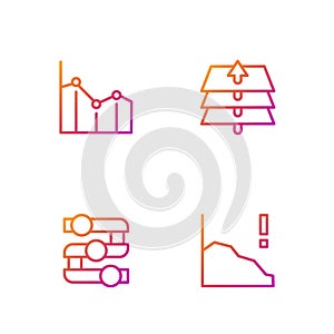 Set line Financial growth decrease, Graph, chart, diagram, Pie infographic and Layers. Gradient color icons. Vector