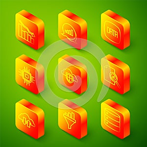 Set line Financial growth decrease, Pie chart infographic, Data analysis, Processor CPU, Cloud and shield, Document with