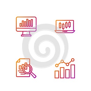 Set line Financial growth, Document with graph chart, Monitor and Stocks market graphs. Gradient color icons. Vector