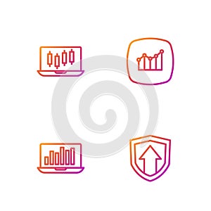 Set line Financial growth, Laptop with graph chart, Stocks market graphs and . Gradient color icons. Vector