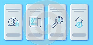Set line Financial news, Magnifying glass and dollar, Speech bubble with and growth coin icon. Vector