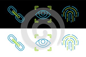 Set line Fingerprint, Chain link and Eye scan icon. Vector
