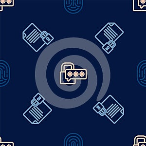 Set line Fingerprint, Document and lock and Cyber security on seamless pattern. Vector
