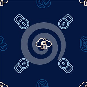Set line Fingerprint, Lock and Cloud computing lock on seamless pattern. Vector