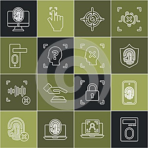 Set line Fingerprint with lock, Mobile fingerprint scan, shield, Eye, Face recognition, door, Monitor and Rejection face