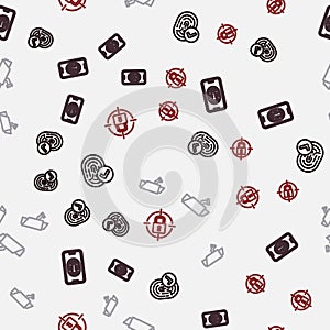 Set line Fingerprint, Mobile with fingerprint scanner, Security camera and Lock on seamless pattern. Vector