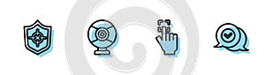 Set line Fingerprint, Shield, Security camera and Check mark speech bubble icon. Vector
