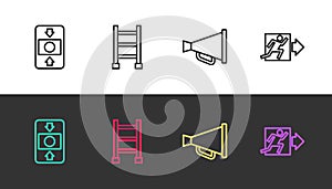 Set line Fire alarm system, escape, Megaphone and exit on black and white. Vector