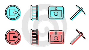 Set line Fire alarm system, Fire exit, Fire escape and Pickaxe icon. Vector