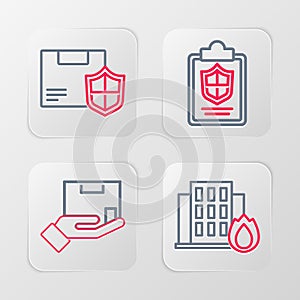 Set line Fire in burning house, Delivery insurance, Document with shield and security icon. Vector