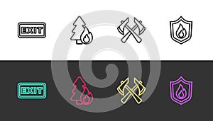 Set line Fire exit, Burning forest tree, Firefighter axe and protection shield on black and white. Vector