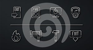 Set line Fire exit, flame, Gas mask, Hammer, hose reel, alarm system, and Location with fire icon. Vector