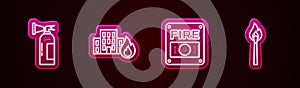 Set line Fire extinguisher, burning buildings, alarm system and Burning match with fire. Glowing neon icon. Vector