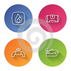 Set line Fire flame, Gas tank for vehicle, Metallic pipes and valve and Oil tanker ship. Color circle button. Vector