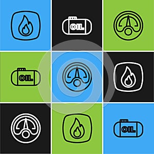 Set line Fire flame, Motor gas gauge and Oil tank storage icon. Vector