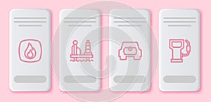 Set line Fire flame, Oil platform in the sea, Gas tank vehicle and Petrol gas station. White rectangle button. Vector