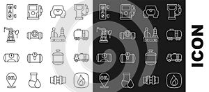 Set line Fire flame, Tanker truck, Oil railway cistern, Gas tank for vehicle, Metallic pipes and valve, pump pump jack