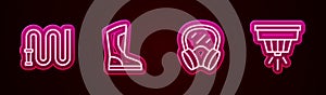Set line Fire hose reel, boots, Gas mask and Smoke alarm system. Glowing neon icon. Vector