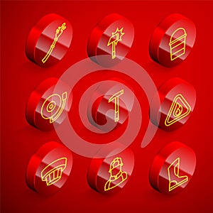 Set line Fire hose reel, Firefighter axe, bucket, Ringing alarm bell, flame triangle, Smoke system and icon. Vector