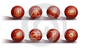 Set line Fire protection shield, hose reel, exit, Firefighter axe, Evacuation plan, flame in triangle, and icon. Vector