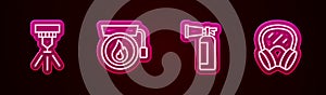 Set line Fire sprinkler system, Ringing alarm bell, extinguisher and Gas mask. Glowing neon icon. Vector