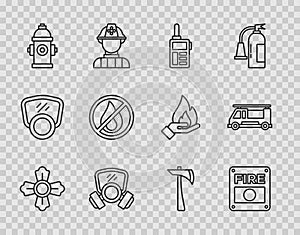 Set line Firefighter, alarm system, Walkie talkie, Gas mask, hydrant, No fire, axe and truck icon. Vector