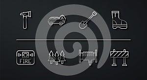 Set line Firefighter axe, alarm system, boots, hose reel, Forest, Burning car, Road barrier and shovel icon. Vector