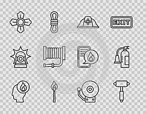 Set line Firefighter, axe, helmet, Burning match with fire, hose reel, Ringing alarm bell and extinguisher icon. Vector