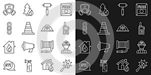 Set line Firefighter axe, Walkie talkie, Traffic cone, Climber rope, Gas mask and helmet icon. Vector