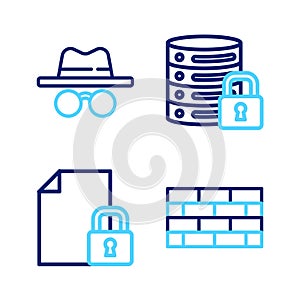 Set line Firewall, security wall, Document and lock, Server with and Incognito mode icon. Vector