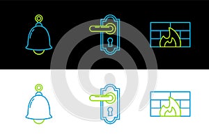 Set line Firewall, security wall, Ringing bell and Door handle icon. Vector