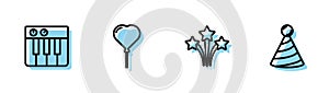 Set line Firework, Music synthesizer, Balloon in form of heart and Party hat icon. Vector
