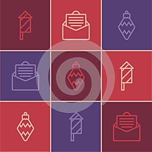 Set line Firework rocket, Christmas toy and Envelope icon. Vector
