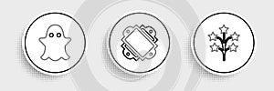 Set line Fireworks, Ghost and Ticket icon. Vector