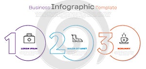 Set line First aid kit, Hiking boot and Coffee cup. Business infographic template. Vector
