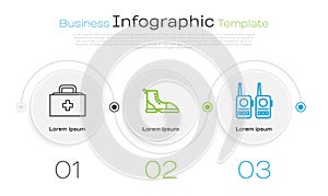 Set line First aid kit, Hiking boot and Walkie talkie. Business infographic template. Vector